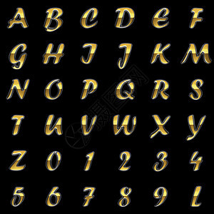黑色背景上的金色字母表打字稿奢华字体金属插图抛光艺术反射脚本黄色图片