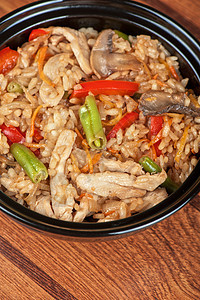 大米鸡蔬菜搅拌美味营养油炸背景猪肉午餐胡椒食物烹饪图片