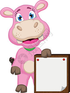 带空白符号的可爱河马漫画标语哺乳动物白色乐趣卡通片动物插图横幅展示粉色图片