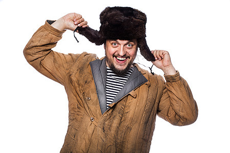 快乐疯狂的俄罗斯男人在笑夹克胡须笑声胡子白云母毛皮风格幸福村民头饰图片