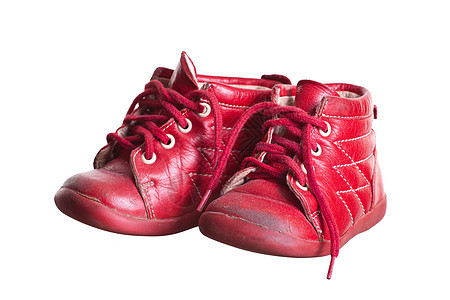 旧红红色旧婴儿鞋衣服孩子们儿童运动鞋鞋类皮革领带工作室学习童年图片