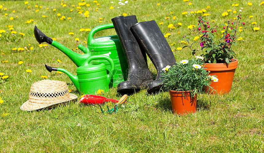 园艺工具和草帽 在花园的草地上晴天花坛家务荣耀雏菊花盆家庭植物工作篮子图片