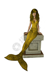 黄金美人鱼在祭坛上坐着身体石头海王星魔法师仙女人心美味警笛岩石精灵图片