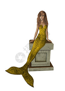 黄金美人鱼在祭坛上坐着身体美味精灵人心警笛仙女若虫岩石海王星魔法师图片
