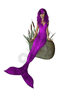 紫色美人鱼坐在一块岩石上女神魔法师石头美味人心若虫精灵海王星警笛身体图片