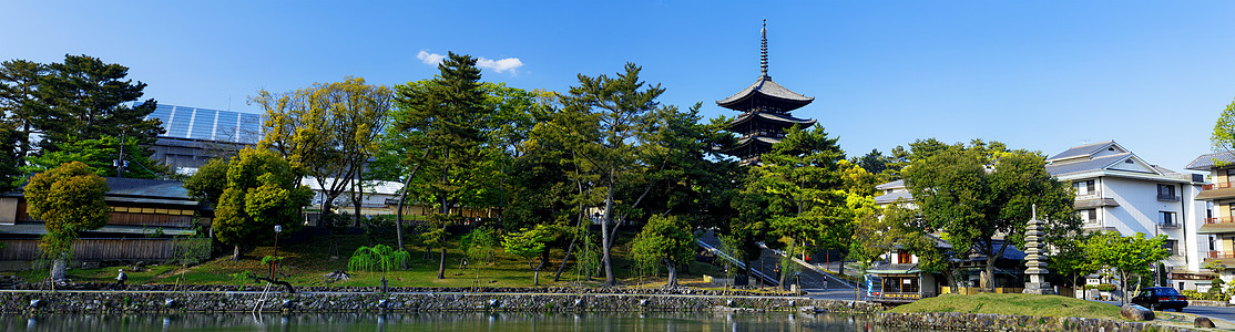 娜拉 日本沙鲁萨瓦池塘建筑学寺庙神社江户宝塔城市反射景观天际佛教徒图片