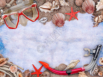 海滩背景蓝色框架生活面具海洋呼吸管潜水背景图片