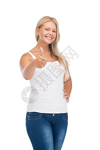 穿着白白白色短袖圆领汗衫的少女学生肥胖微笑手指尺寸快乐衬衫手势重量女性图片