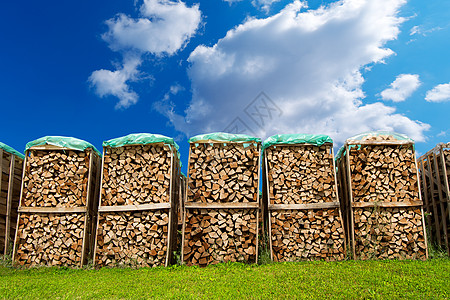 蓝天上的壁木坑材料燃料林业能量环境活力柴堆季节库存植物图片