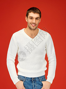 穿温暖毛衣的帅哥小伙子羊毛微笑男性衣服季节套衫快乐青年学生图片
