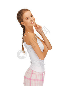 穿着棉睡衣的快乐和微笑的女人女孩喜悦成人青年幸福主妇女性棉布家庭衣服图片