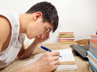 做家庭工作的青少年电脑房间小伙子文书测试笔记本说谎教育男生沙发图片