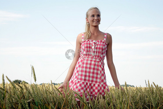 身在大自然中的年轻女性生活喜悦女士太阳麦片盒领域粮食麦田服装谷物图片