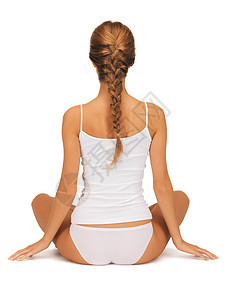 女人在裸睡练习瑜伽莲花的姿势卫生身体保健训练内衣风度平衡运动女性体操图片