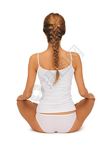 女人在裸睡练习瑜伽莲花的姿势运动体操调息风度训练身体女性减肥内衣平衡图片
