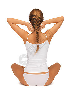 女人在裸睡练习瑜伽莲花的姿势减肥调息体操女性身体运动冥想风度平衡活力图片