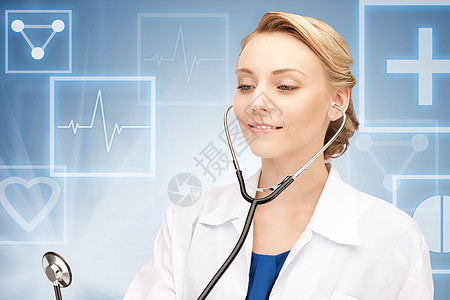 具有听诊器的有吸引力的女医生工人女士临床儿科护士女孩工具诊所蓝色疾病图片