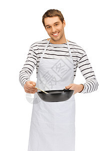 长得英俊的 有锅和勺子的男人厨师衬衫平底锅男性围裙小伙子学生快乐牛仔裤伙计图片
