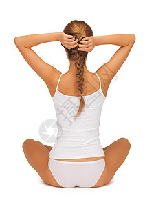 女人在裸睡练习瑜伽莲花的姿势保健身体卫生平衡内衣运动训练活力女孩女性图片