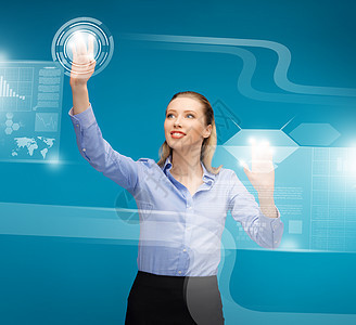 妇女从事虚拟屏幕工作的情况商业蓝色按钮全世界菜单互联网商务技术人士教育图片