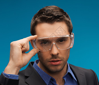 戴保护眼镜的商务人士蓝色安全衣领伙伴职员创新企业家手势配饰套装图片