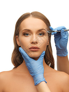 妇女的脸部和美容的手诊所保健病人医生皮肤绘画卫生塑料皱纹刀刃图片
