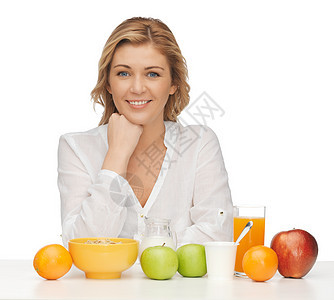 妇女有健康早餐维生素甜点饮食活力奶制品女孩谷物水果生态营养图片