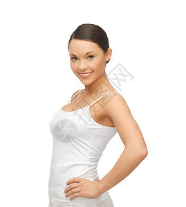 妇女穿着白白白色T恤衫运动女性广告姿势学生微笑棉布商务女士数字图片