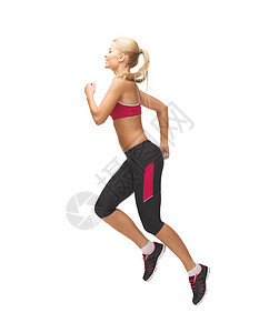 运动妇女跑步或跳跃女性幸福赛跑者运动员飞行精力运动装航班训练优胜者图片