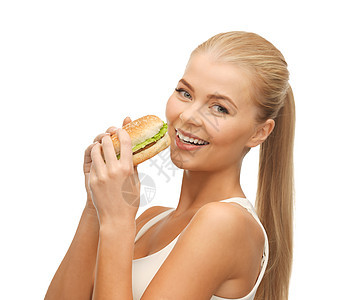 妇女吃垃圾食品重量碳水营养午餐健康芝士数字汉堡化合物食物图片