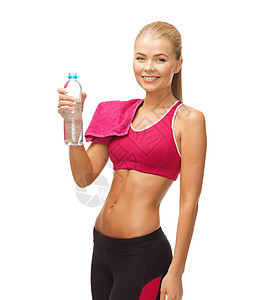 含水瓶的妇女健康运动瓶子脱水教练重量肌肉数字腹肌减肥图片