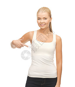 穿着白白白色短袖圆领汗衫的妇女指着她自己微笑衬衫人士运动姿势饮食青少年数字打印工作室图片