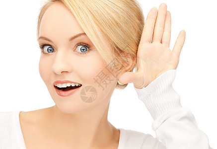快乐的女士听到八卦传闻注意力商务女孩人士办公室公司女性废话耳朵图片