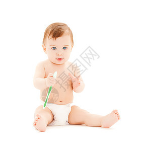 好奇的婴儿刷牙尿布牙齿童年打扫牙刷女孩生长快乐青少年情感图片