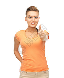 女人举起大拇指打印学生棉布衬衫女性女孩成功广告姿势快乐图片