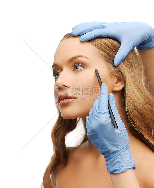 妇女的脸部和美容的手用铅笔护理女孩医生塑料清洁化妆品手术外科临床美容师图片