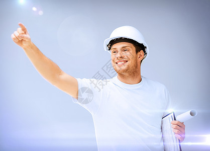 戴有蓝图头盔的男建筑师承包商工人工匠项目技术员工程技工开发商安全领班图片