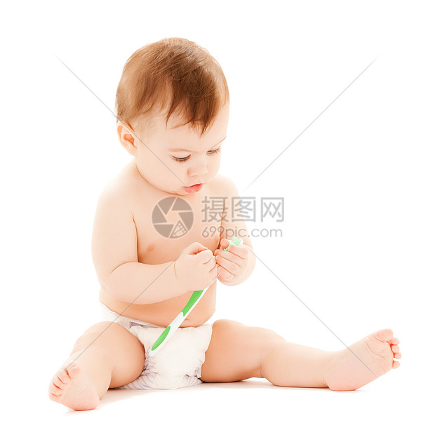 好奇的婴儿刷牙童年女孩好奇心打扫牙齿男生青少年快乐微笑尿布图片