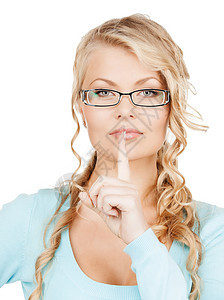 妇女用手指在嘴唇上戴眼镜诊所警告学生人士惊喜秘密老师眼镜眼睛阴谋背景图片