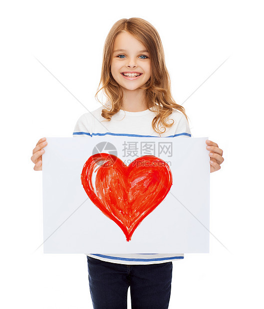 微笑的小孩拿着心像画的照片青少年学校情怀艺术幸福童年草图家庭班级水彩图片