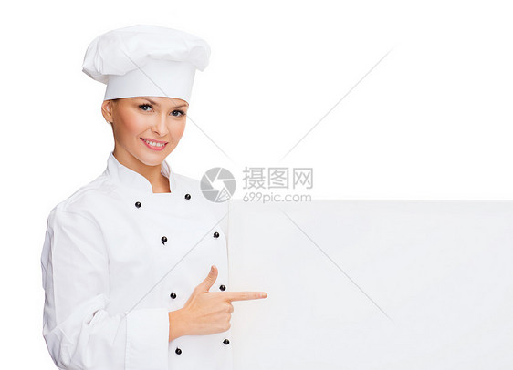 带白白板的笑着女厨师帽子手指成人服务面包师广告女性横幅女士工作图片