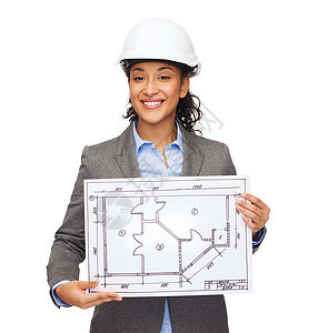穿着白头盔和蓝图的女商务人士爆炸开发商绘画项目方案承包商建筑学成人企业家商业图片