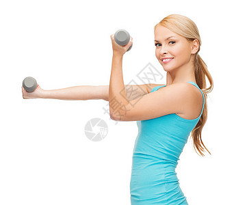 年轻运动女青年 有轻聋哑铃肌肉二头肌耐力微笑运动员训练运动装身体女孩数字图片