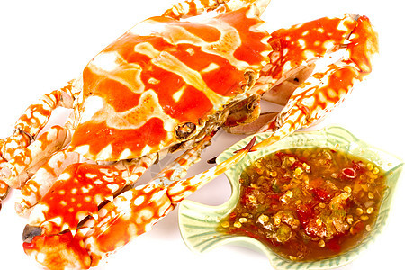海蟹蒸汽和海鲜酱 孤立在白色上图片