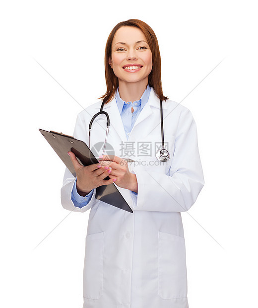 带剪贴板的笑着女医生卫生学家笔记写作诊所药品处方帮助保健女士图片