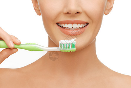 带牙刷的妇女福利呼吸漱口水牙科微笑打扫浴室美白刷子健康图片