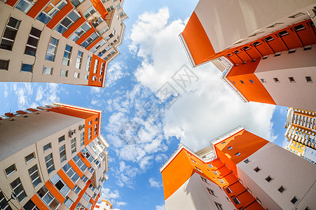 新的古迹建筑的鱼眼镜头城市建筑物正方形橙子蓝色房地产财产天空鱼眼奢华图片
