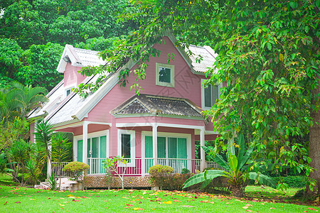 森林中的粉红屋财产奢华建筑森林小屋窗户环境花园木头住宅图片