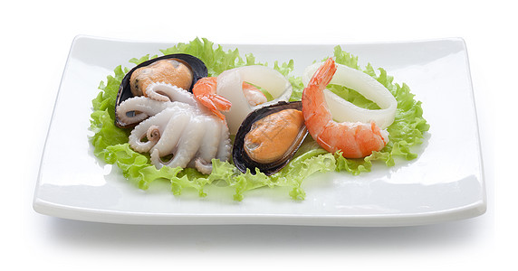 盘子上的海鸡尾酒海鲜白色戒指生产乌贼食物章鱼魔鬼鱼甲壳动物图片