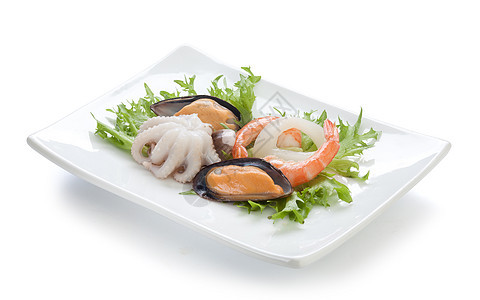 盘子上的海鸡尾酒绿色食物动物橙子戒指甲壳生产乌贼海鲜白色图片